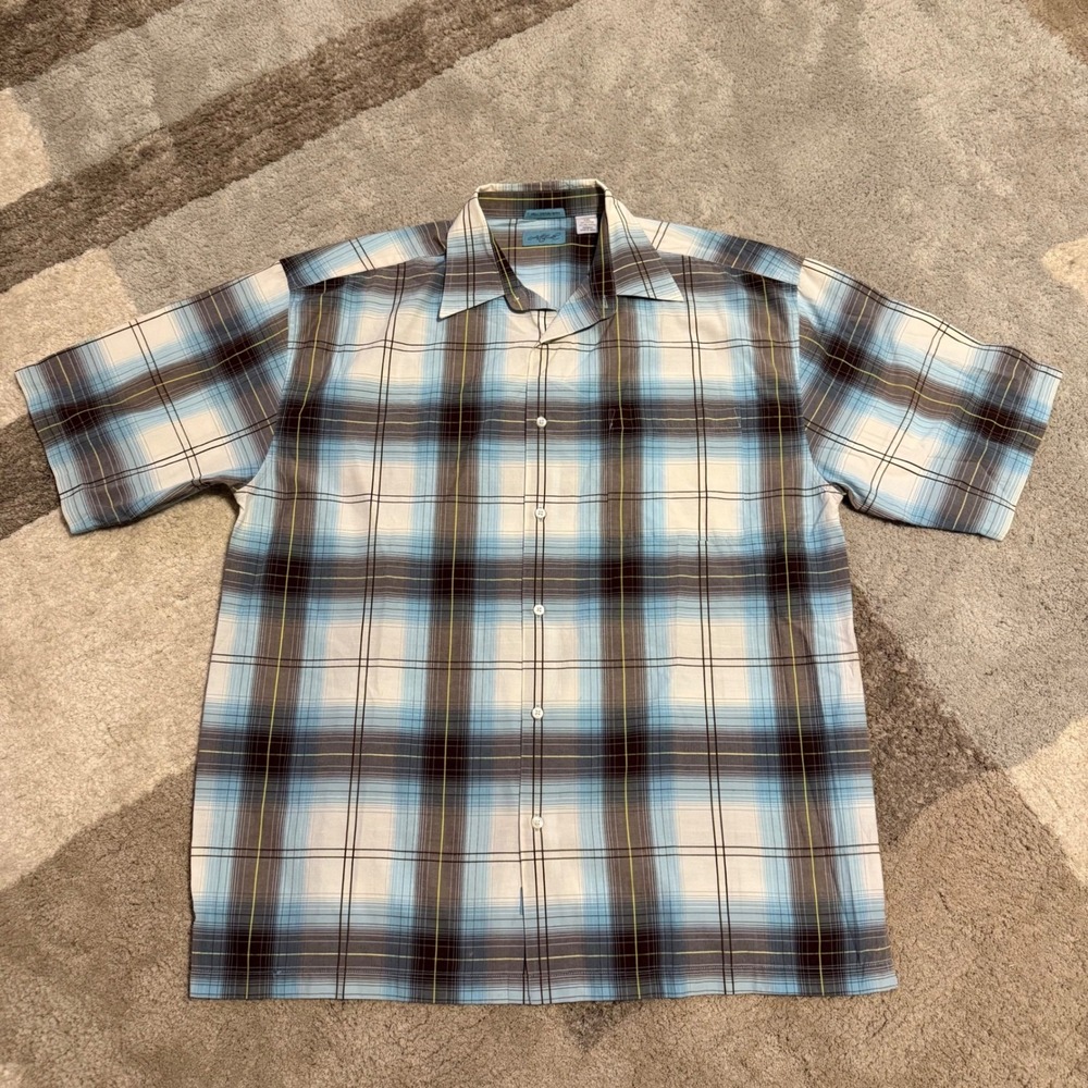 Attitude Mens 2XL Blue Brown Plaid Short Sleeve Button Down Shirt‎ Cotton Blend